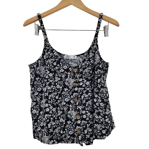 Hollister Tops - Hollister Black Floral Viscose Sleeveless Blouse Cami Faux Button Boxy Size M